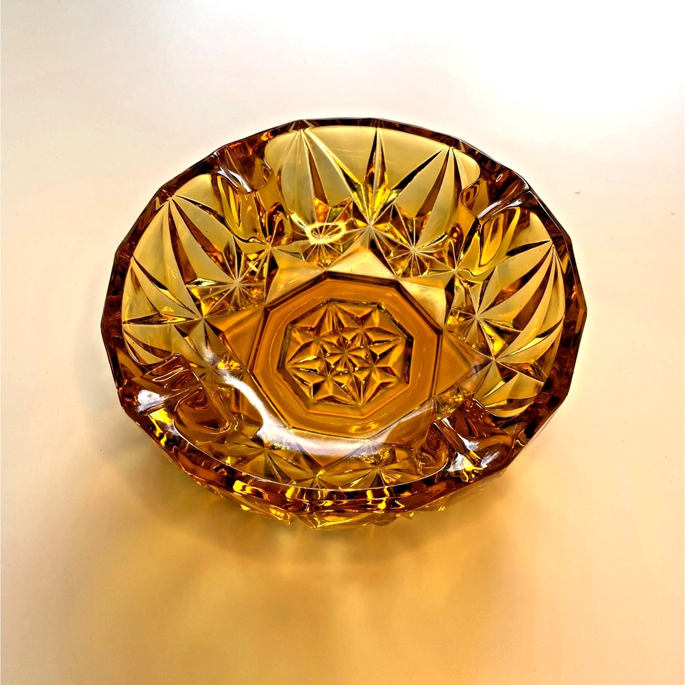 Vintage Retro MCM Round Honey Amber Colored Glass Ashtray